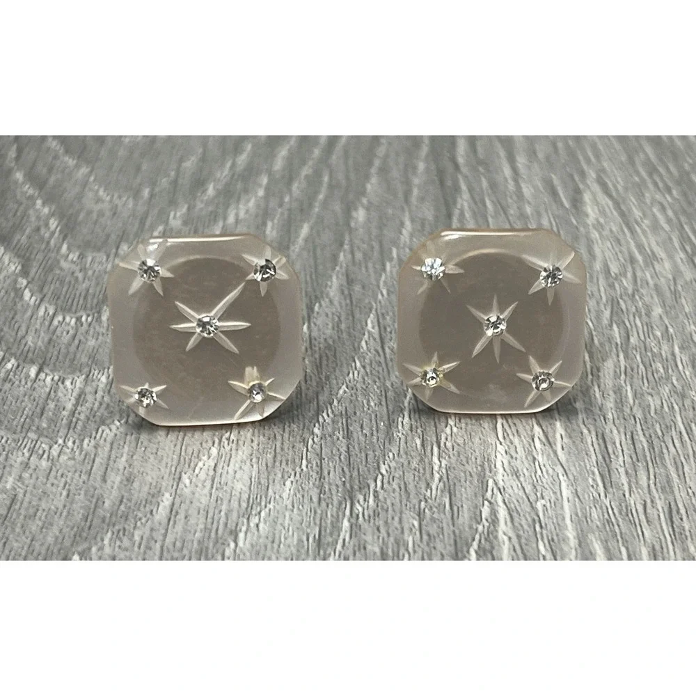 Vintage Men's Pink Frosted Lucite Rhinestone Starburst Cufflinks Gold Tone
